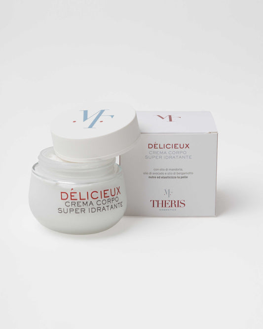 Theris Cosmetici Delicieux super hydrating body cream in a sleek jar, showing its creamy texture and luxurious packaging.