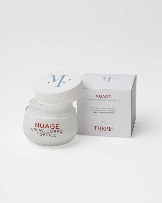 Creamy NUAGE body moisturizer by Theris Cosmetici in a soft, elegant jar with a smooth, luxurious texture visible inside.