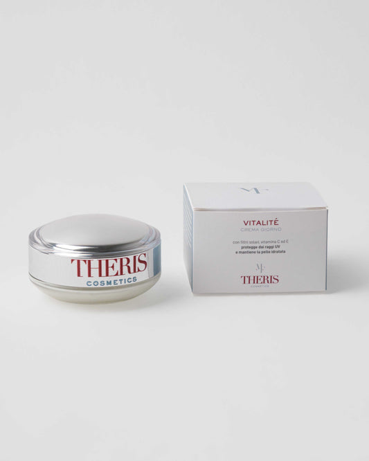Theris Cosmetici Vitalité day cream jar with white and gold packaging, showcasing the skincare product for healthy, radiant skin.