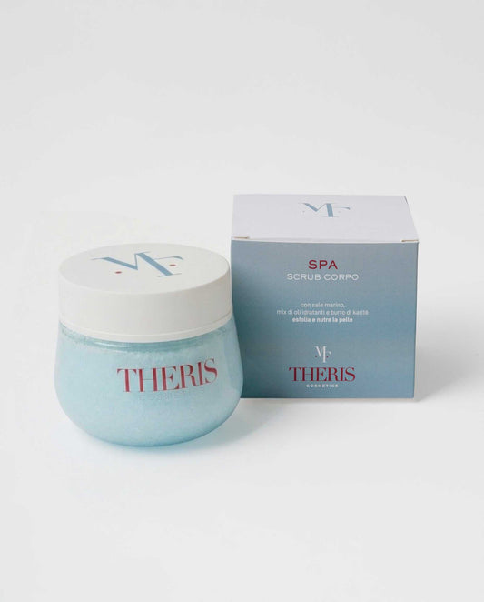 Theris Cosmetici SPA body scrub in a jar, showing the textured exfoliating product with natural ingredients and smooth finish.