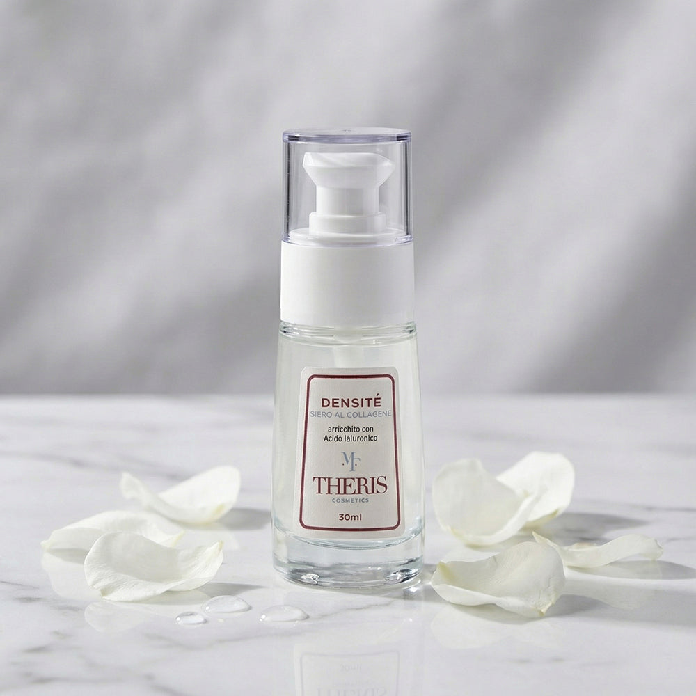 Siero rassodante anti-età al collagene con acido ialuronico in flacone da 30 ml, sfondo chiaro.-57