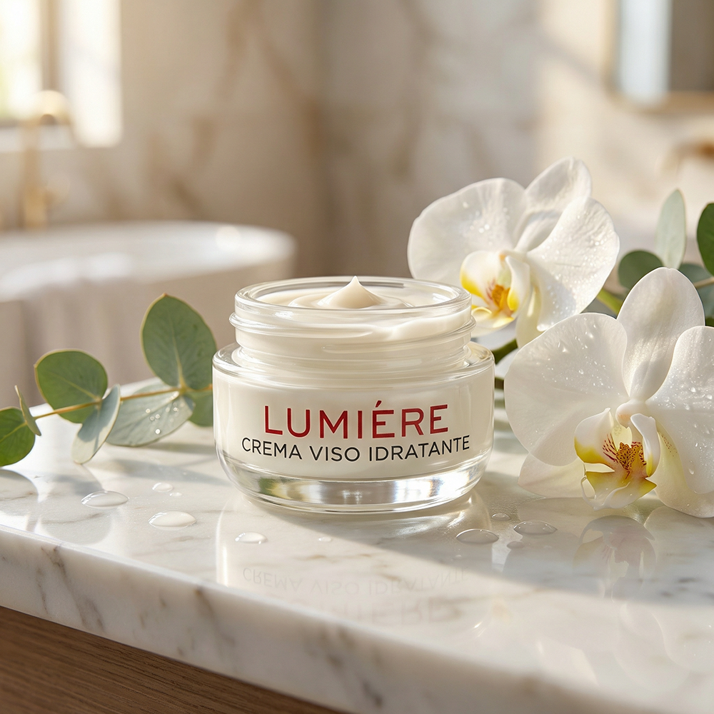 Crema viso idratante Idratazione intensa in vasetto trasparente su piano di marmo con orchidee bianche.-39