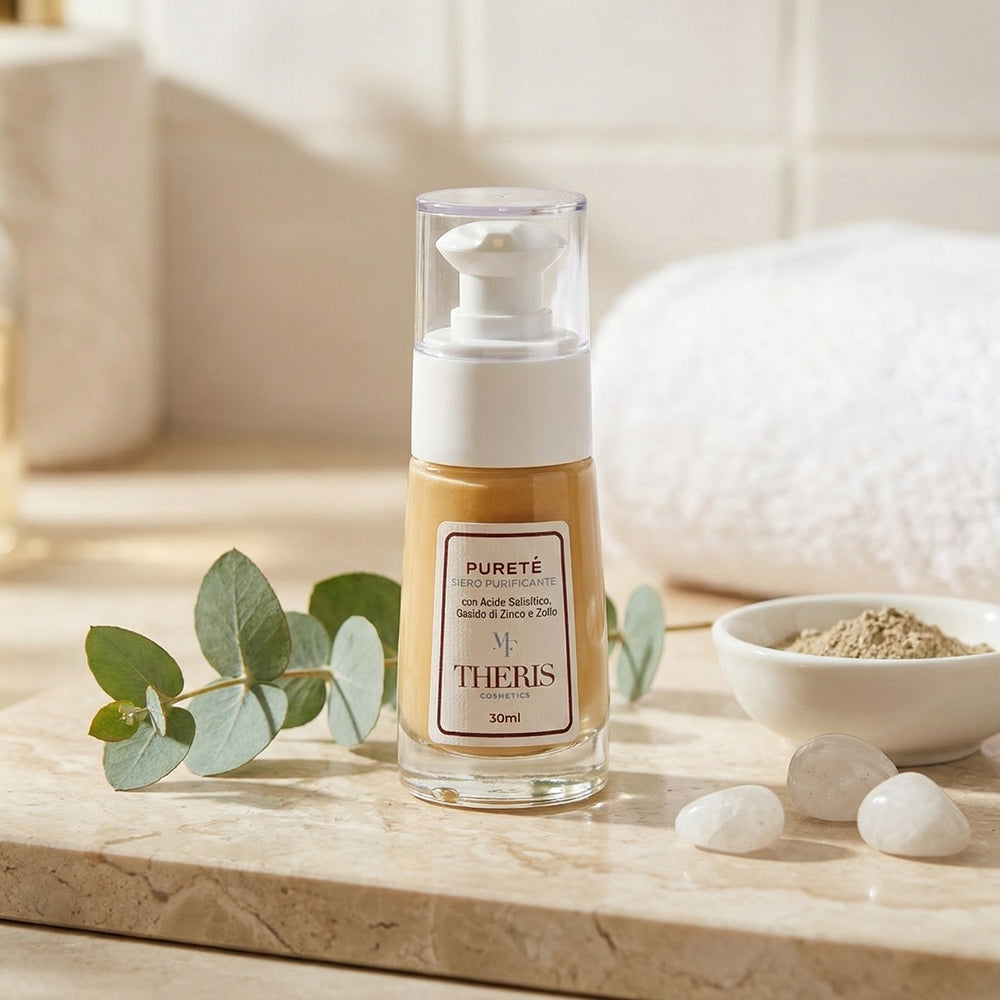 Siero purificante Theris per pelle impura e pori dilatati, flacone con dosatore e tappo trasparente-2