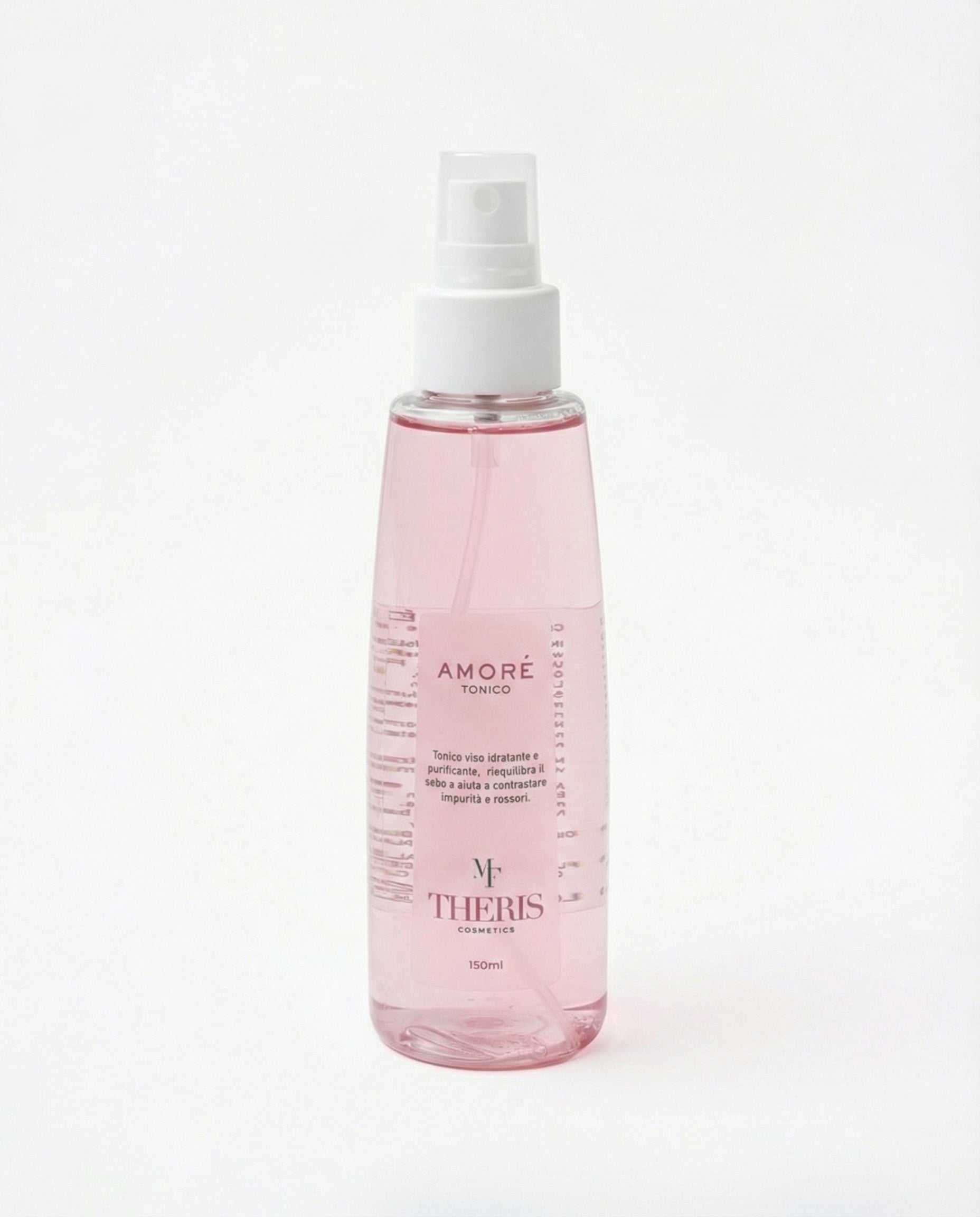 Theris Cosmetici AMORÉ Tonico liquid skincare product in a clear bottle with a white cap, designed for facial use.