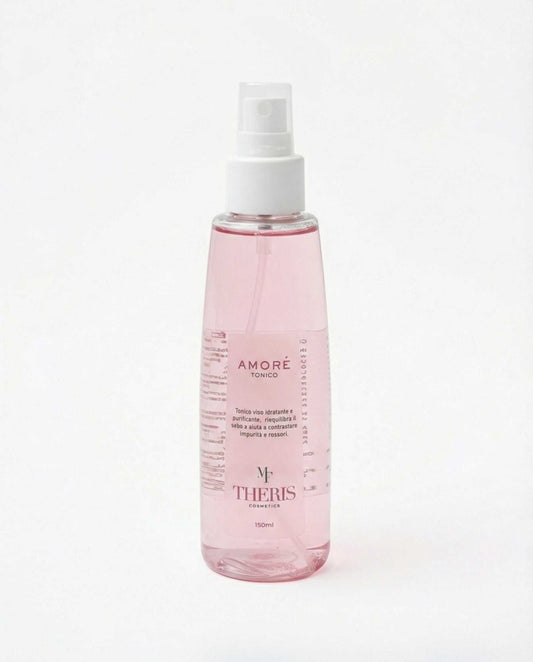 Theris Cosmetici AMORÉ Tonico liquid skincare product in a clear bottle with a white cap, designed for facial use.