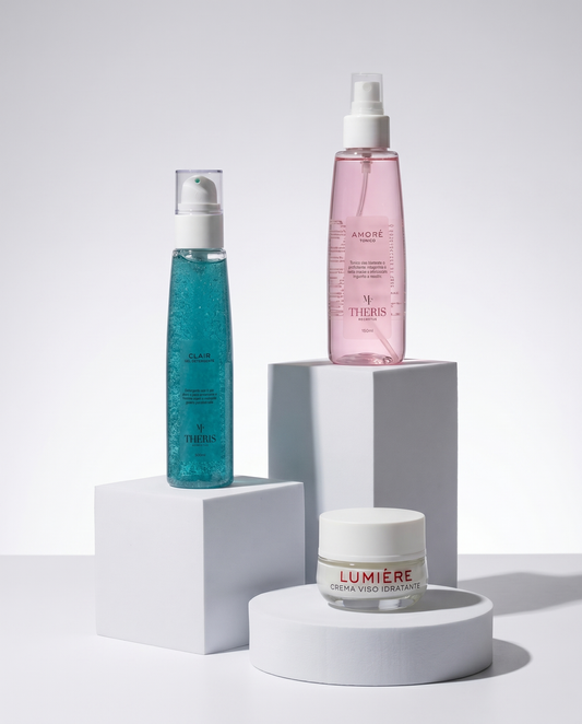Theris Bundle Idratazione skincare routine with moisturizer, cleanser, and serum for radiant, hydrated skin.