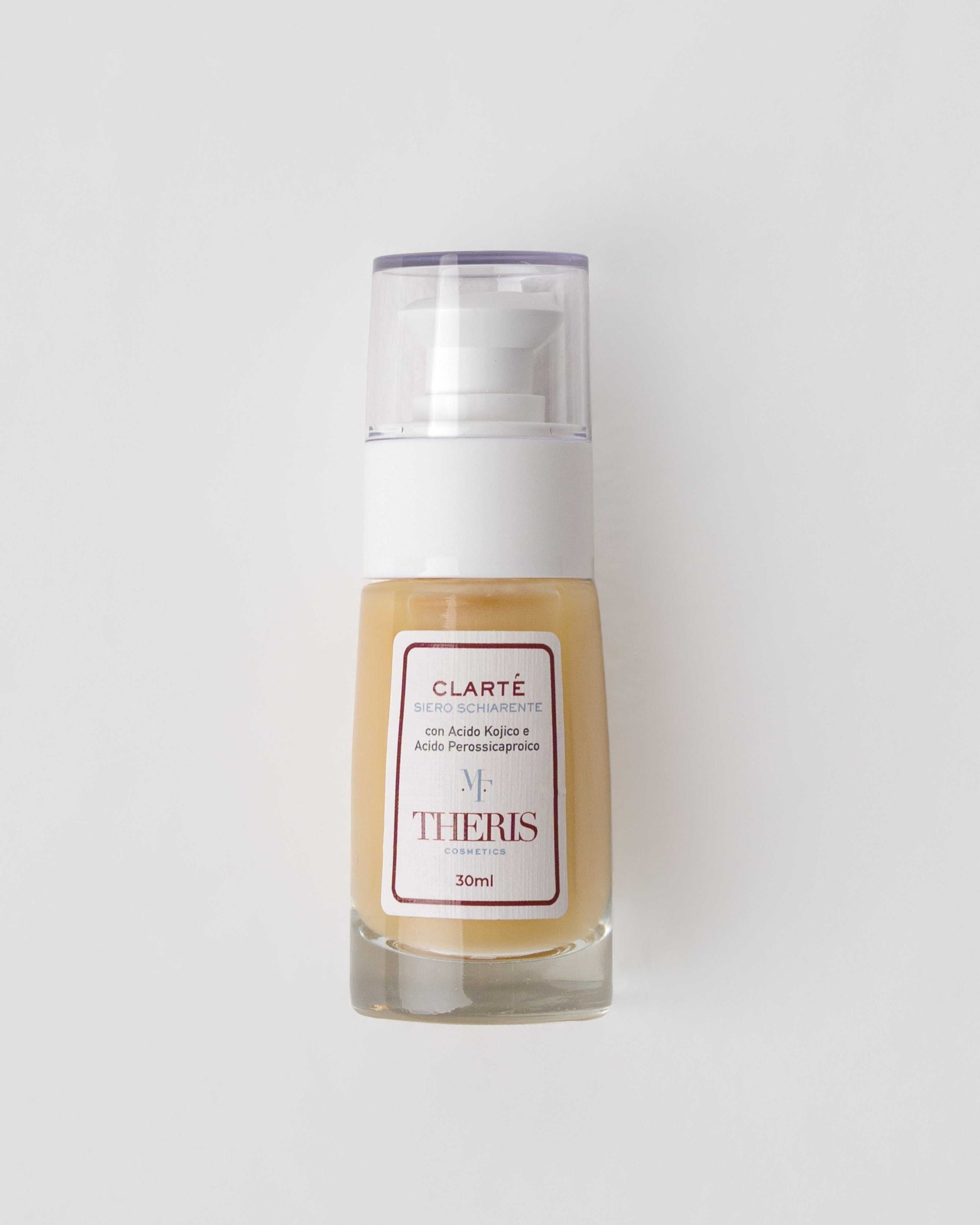 Theris Cosmetici CLARTÉ Siero Schiarente serum in a sleek bottle, designed to brighten and even skin tone.