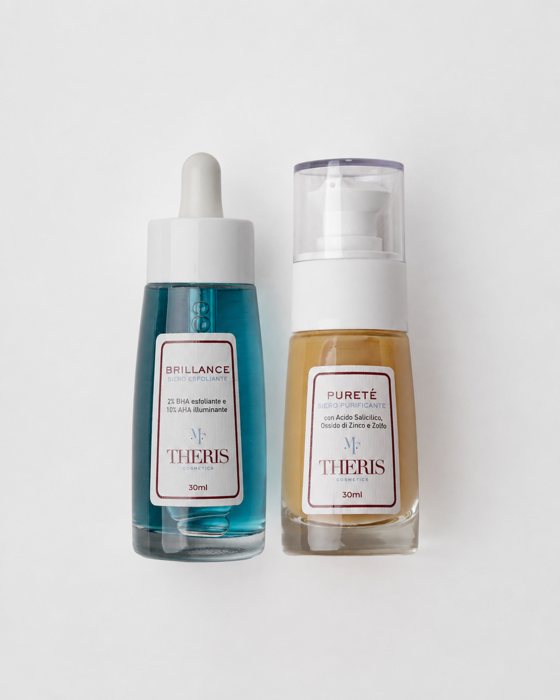 Theris Skin Reset Duo with Brightening and Purifying Face Serum bottles, showcasing skincare products for glowing, clear skin.