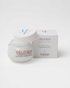 Theris Cosmetici Delicieux super hydrating body cream in a sleek jar, showing its creamy texture and luxurious packaging.