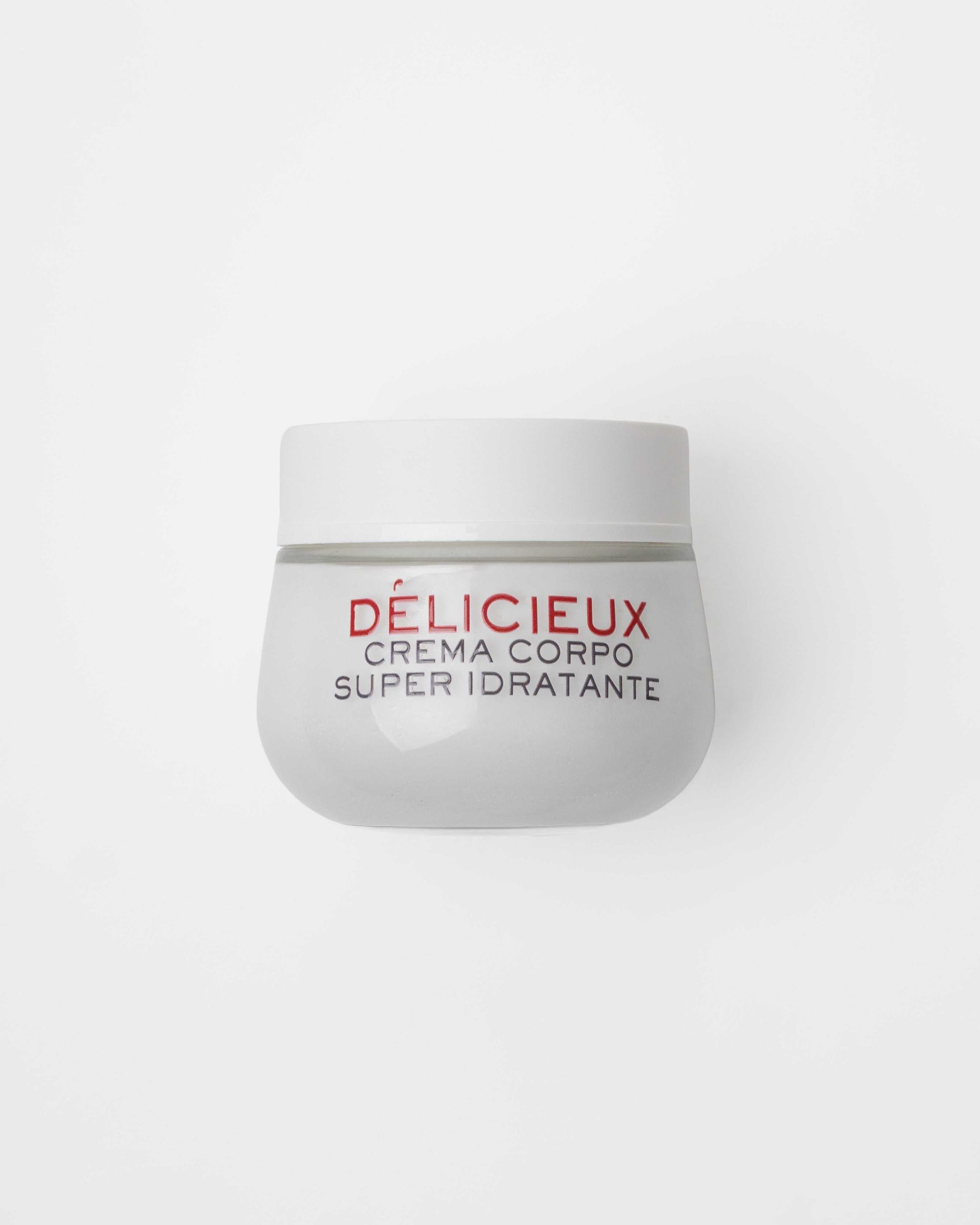 Theris Cosmetici Delicieux super hydrating body cream in a sleek jar, showcasing its creamy texture and luxurious packaging.