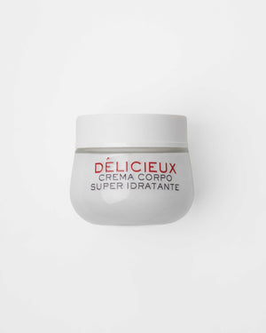 Theris Cosmetici Delicieux super hydrating body cream in a sleek jar, showcasing its creamy texture and luxurious packaging.