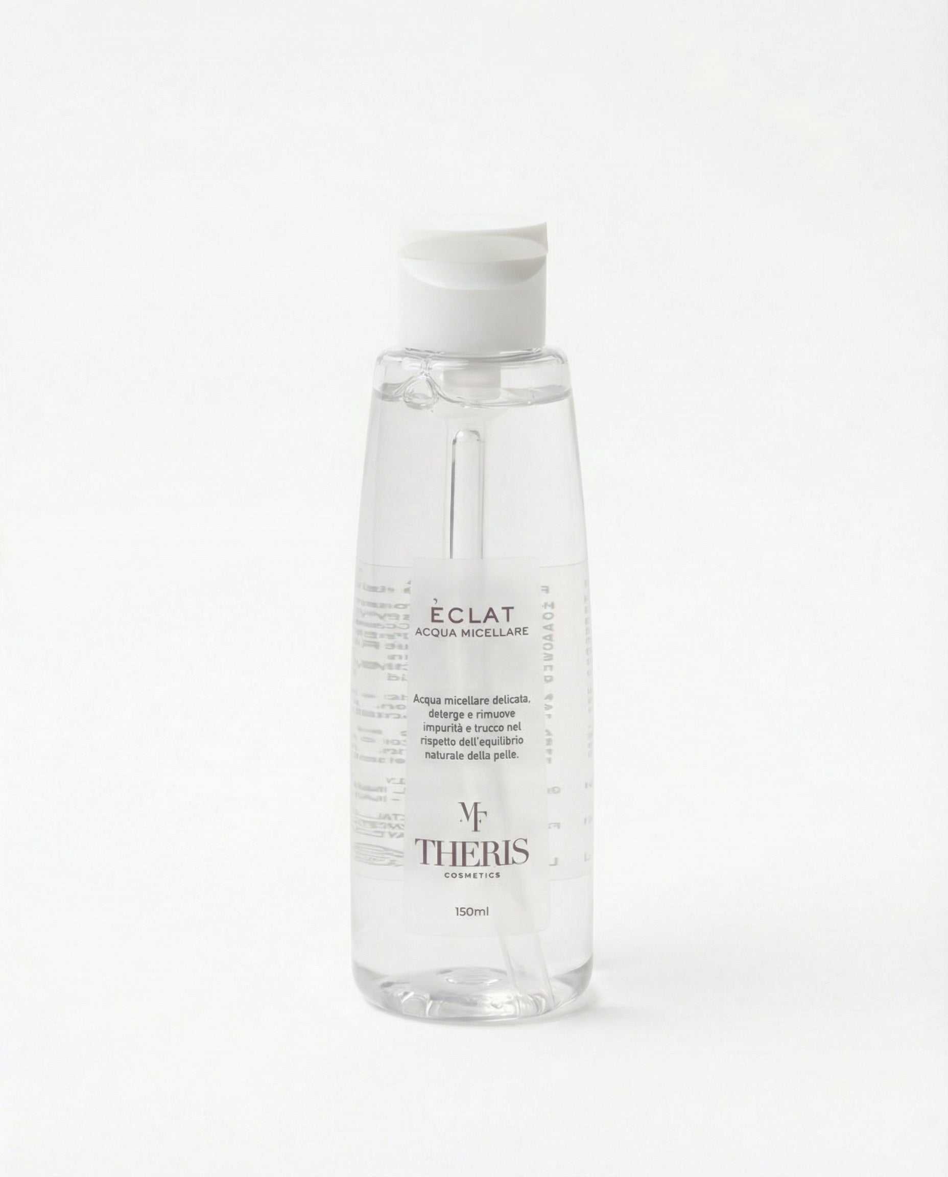 Theris Cosmetici Éclat Acqua Micellare liquid cleanser in a clear bottle with a blue cap, suitable for gentle facial cleansing.