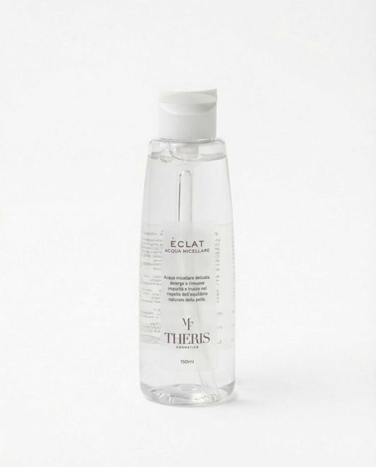 Theris Cosmetici Éclat Acqua Micellare liquid cleanser in a clear bottle with a blue cap, suitable for gentle facial cleansing.