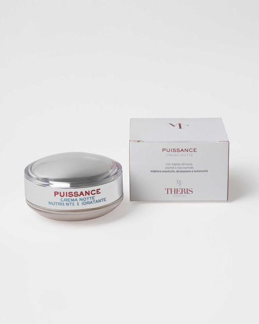 Theris Puissance Crema Notte jar with white cream inside, designed for nighttime skincare.