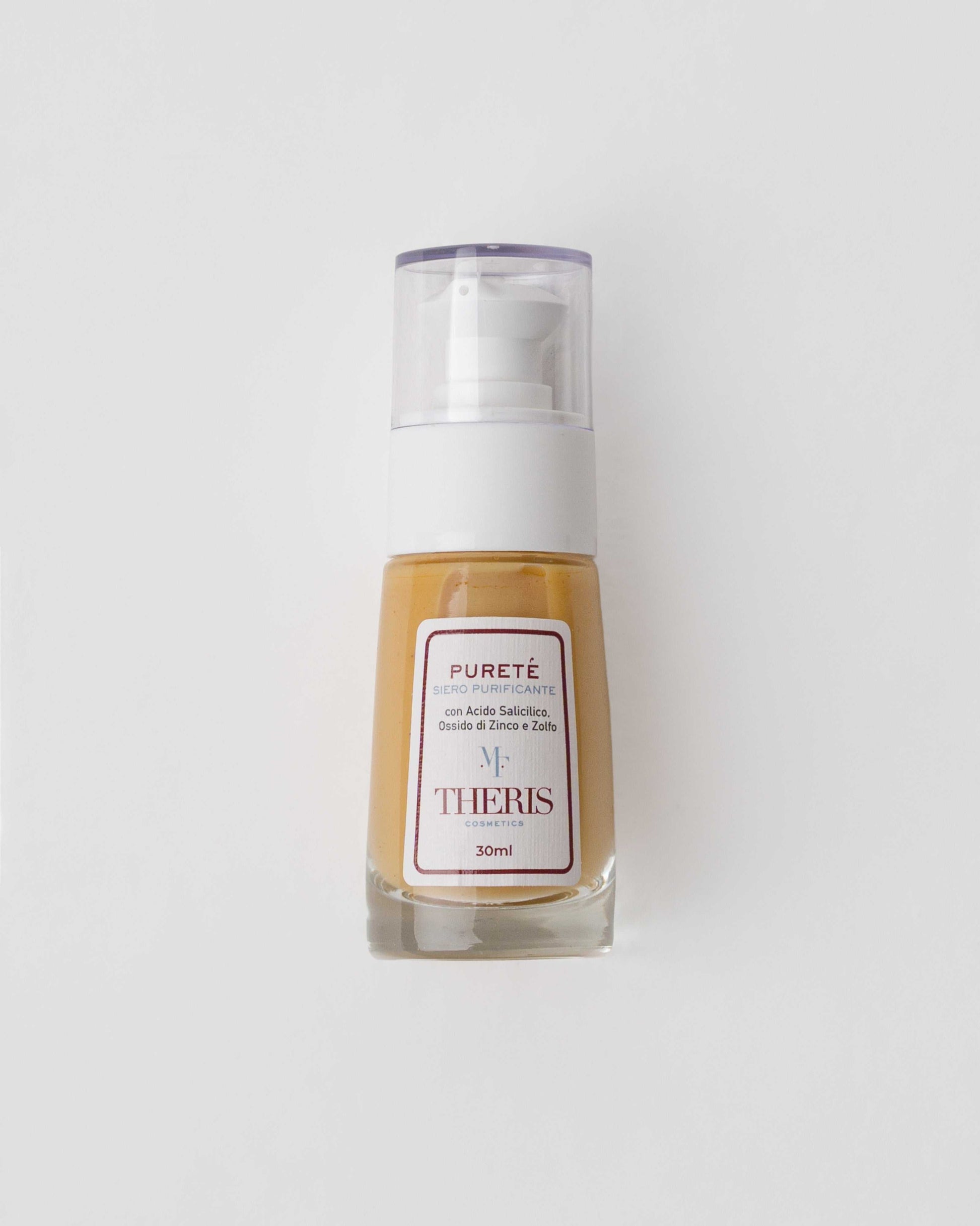Theris Cosmetici PURETÉ Siero Purificante bottle, clear liquid skincare product with a white pump dispenser.