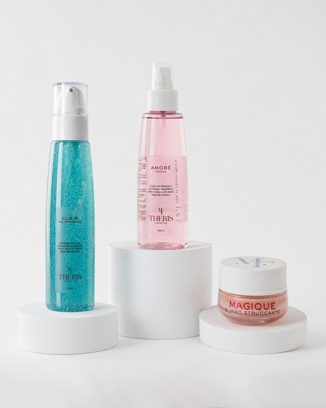 Theris Bundle Routine Viso Completa with facial cleanser, toner, and moisturizer for skin cleansing, balancing, and nourishing.