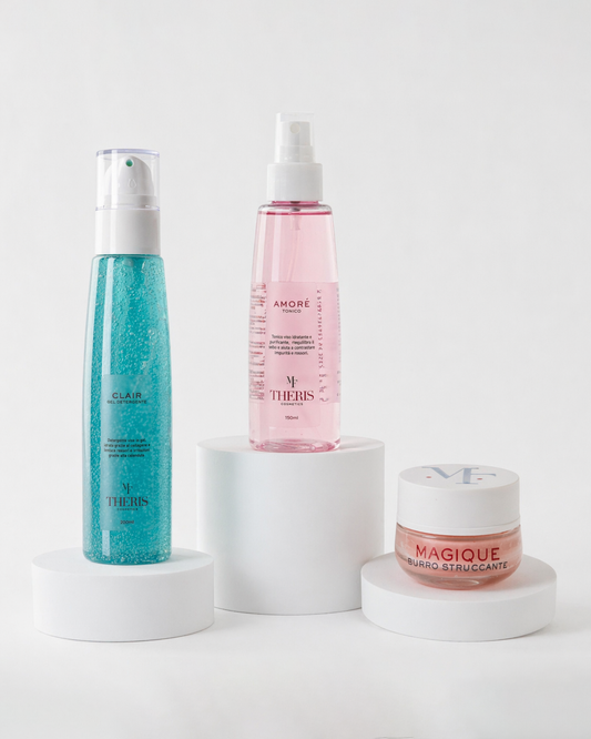 Theris Bundle Routine Viso Completa with facial cleanser, toner, and moisturizer for skin cleansing, balancing, and nourishing.